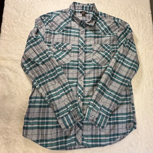 Helix Other - Helix Mens XL Teal Grey Plaid Western Pearl Snap Roll Tab Long Sleeve Shirt